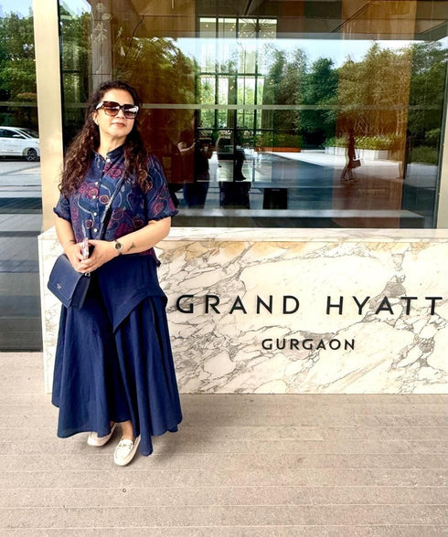 Blue Shirt with Drape Flared Pants